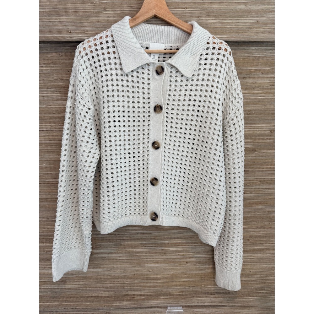 H&M Cream Open Knit Button Front Cardigan Polo Collar Sweater Womens Large